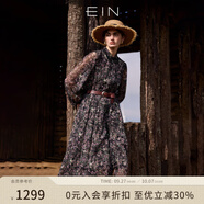 EIN言浪漫碎花印花蕾絲翻領(lǐng)長(cháng)燈籠袖文藝雪紡連衣裙2025夏季新款 石墨黑 M