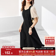 尚都比拉法式連衣裙夏季中長款a字裙泡泡袖系帶收腰顯瘦裙子 黑色 M 