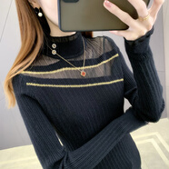 香影純半高領打底衫蕾絲毛衣女套頭2025秋冬新款顯瘦內搭針織衫外穿上衣 黑色 L (建議105-115斤)