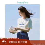 茵曼棉質(zhì)女裝圓領(lǐng)短袖t恤春夏季百搭休閑花邊寬松襯衣上衣 藍(lán)色 M