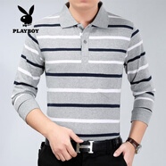 花花公子（PLAYBOY）爸爸男裝純棉長(cháng)袖中年t恤翻領(lǐng)條紋大碼寬松2025中老年春秋上衣 白色 白色CX03 M 建議 85-100斤以