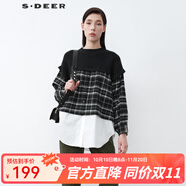 S.DEER圣迪奧女裝羅紋圓領(lǐng)格紋針織拼接不規(guī)則襯衫S21480508 黑色/91 S/160