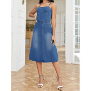 歐美風(fēng)顯瘦露背牛仔長裙女2025秋裝性感吊帶連衣裙 中藍 S