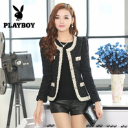 花花公子（PLAYBOY）2025春秋季新款毛呢短外套女 名媛小香風(fēng)上衣 韓版修身短款小外套 黑色 L