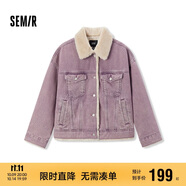森馬（Semir）牛仔外套女拼接仿兔毛翻領(lǐng)寬松港風(fēng)冬季落肩夾棉夾克103724108001