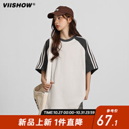 viishow美式復古短袖t恤男夏季寬松oversize潮牌條紋拼接休閑上衣 灰杏拼色 M