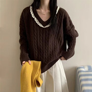 LISCN韓系蕾絲拼接V領(lǐng)灰色麻花毛衣女2025秋冬新款寬松減齡套頭針織衫 咖啡色 均碼