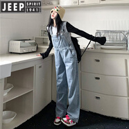 JEEP SPIRIT時(shí)尚連身褲牛仔背帶褲女2025春秋季網(wǎng)紅減齡拖地直筒寬松闊腿褲子 淺藍色 M (104-116斤)
