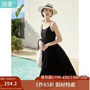 茵曼（INMAN）時(shí)尚純色女裝吊帶連衣裙顯瘦提花肌理2025夏季新品中長裙子 黑色 XL