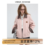 VEGA CHANG毛呢短外套女2025年秋冬新款粉色減齡撞色格子翻領(lǐng)上衣 貝殼粉 S