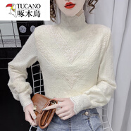 啄木鳥(niǎo)（TUCANO）棉半高領(lǐng)加絨加厚蕾絲打底衫女秋冬裝2023新款洋氣內搭小衫上衣 米白色 均碼