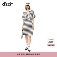 DZZIT地素春夏新款法式復古徽章設計條紋Polo收腰連衣裙女3H2O4512T 深藍色 M