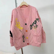 秋冬新款韓版針織寬松重工彩色刺繡時(shí)尚V領(lǐng)中長(cháng)款毛衣女外套 粉紅色 S