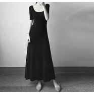極簡(jiǎn)方領(lǐng)長(cháng)裙女夏莫代爾棉緊身超長(cháng)款連衣裙及踝懶人u領(lǐng)半袖t恤裙 黑色 S S