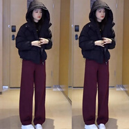 以純（YISHion）洋氣寬松韓版羽絨綿服女25冬季新款時(shí)尚連帽百搭顯瘦白鴨短外套 黑色綿服 M 【90-110斤】