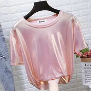 圓領(lǐng)珠光亮面短袖T恤女潮閃閃反光銀色寬松表演服飾上衣小衫夏 粉金色 S