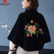 皮爾卡丹（pierre cardin）中國風(fēng)刺繡披肩毛衣女外搭秋冬新款水貂絨針織外套斗篷女開(kāi)衫外穿 黑色 3XL