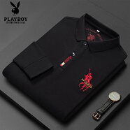 花花公子純棉長(cháng)袖t恤男士翻領(lǐng)時(shí)尚刺繡POLO衫保羅上衣免燙抗皺親膚打底衫t 長(cháng)902黑色 M 165