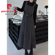 皮爾卡丹（pierre cardin）燈芯絨背帶裙套裝女秋冬+黑色高領(lǐng)內搭 收腰顯瘦長(cháng)款連衣裙兩件套 灰色 M