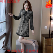 韓曼蕊秋冬季法式小香風(fēng)減齡網(wǎng)紗拼接毛呢長(cháng)袖連衣裙小個(gè)子新款時(shí)尚 黑色 3XL