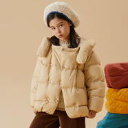 美特斯邦威moomoo童裝女童短款連帽服秋冬兒童保暖圍脖雙排扣服短款 礫石杏 110 52 充絨量84g