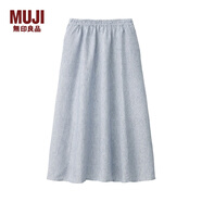 無(wú)印良品 MUJI 女式 法國(guó)亞麻 抽褶裙 海軍藍(lán)X條紋 S