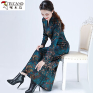 啄木鳥(niǎo)高貴典雅氣質(zhì)媽媽加絨加厚連衣長(cháng)裙秋冬新款遮肚旗袍洋氣 孔雀藍長(cháng)款加絨加厚 XL