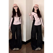 小紅書(shū)爆款加碼女性美國拼接對比字母v領(lǐng)長(cháng)袖t恤秋天苗條合身原宿 粉色上衣 M 建議80-100斤均碼