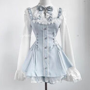 OIMG早秋新款甜心洛麗塔蝴蝶結蕾絲長(cháng)袖連衣裙女假兩件收腰顯瘦粉色裙 藍色套裝+領(lǐng)結 XL