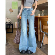 百圓褲業(yè)（BAIYUAN TROUSERS）淺藍色直筒微喇牛仔褲女秋季高腰不貼腿休閑顯瘦百搭喇叭拖地長(cháng)褲 淺藍色長(cháng)褲【推薦身高163CM以下】 XS