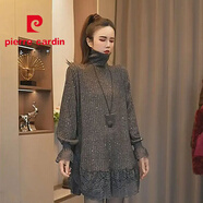 皮爾卡丹（pierre cardin）韓系黑色蕾絲花邊拼接亮閃閃上衣大碼別致獨特超好看高領(lǐng)打底衫 灰色 均碼 85-160