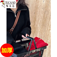 啄木鳥(niǎo)（TUCANO）美式復古毛衣女2025冬季新款外搭甜酷風(fēng)蝙蝠袖半拉鏈休閑套頭上衣 黑色(加.厚) S 【80斤-90斤穿】