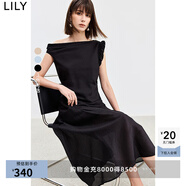 LILY醋酸天絲微光不對稱斜肩設(shè)計收腰顯瘦無袖連衣裙 510黑色 S