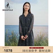beanpole夏季新款女士波點(diǎn)長袖V領(lǐng)中長度假簡約優(yōu)雅連衣裙 藏青色 M 165/88A