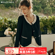 Olrain歐芮兒黑色短外套初秋新款法式名媛娃娃領(lǐng)花邊領(lǐng)外套 黑色 M