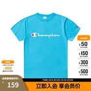 Champion夏季經(jīng)典款印花草寫(xiě)LOGO圓領(lǐng)休閑運(yùn)動(dòng)T恤無(wú)性別冠軍短袖男女情侶 湖藍(lán)色 M