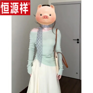 恒源祥韓系穿搭miu系純欲多巴胺套裝裙女秋冬長(cháng)袖針織衫T恤半身裙兩件套 單拍  綠色針織上衣 S