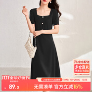 尚都比拉短袖連衣裙女夏季復(fù)古赫本風(fēng)氣質(zhì)通勤裙子中長款A(yù)字裙 雅黑色 S