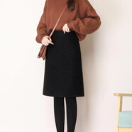 JIL ANON毛呢半身裙女秋冬大碼高腰顯瘦黑色a字裙胖m遮胯寬松直筒開(kāi)叉中裙 黑色 XL