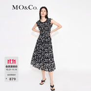 MO&Co.荷葉邊花邊打攬收腰碎花無袖園藝風連衣裙氣質(zhì)露背裙子摩安珂 黑底彩花色-第1批 L 170