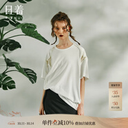 日著(zhù)原創(chuàng  )設計女裝2024夏季新款上衣寬松圓領(lǐng)短袖拼接毛邊針織T恤 光斑白 S