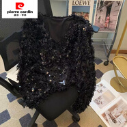 皮爾卡丹（pierre cardin）小香風(fēng)外套女秋冬羽毛亮片開(kāi)衫流蘇年新款毛毛感時(shí)尚上衣 黑色 S