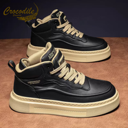 鱷魚(yú)恤高幫男鞋2026新款冬季黑色真皮休閑中幫板鞋厚底增高百搭運動(dòng)潮鞋 黑杏 41