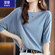 羅蒙（ROMON）女裝T恤女2026年夏季新款圓領(lǐng)冰絲短袖女寬松蝙蝠衫T恤薄中袖上衣 霧霾藍 XL 115-125斤