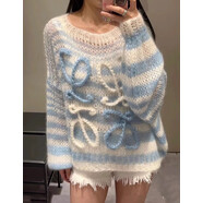 春秋慵懶風(fēng)寬松毛衣外套新款鏤空字母手鉤無(wú)袖針織衫披肩上衣女裝 淺藍色【長(cháng)袖】 S