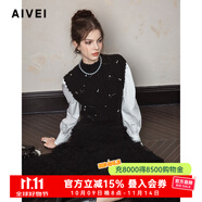 AIVEI欣賀艾薇2024冬季優(yōu)雅浪漫半高領(lǐng)釘珠假兩件針織衫R764003A 黑色 S