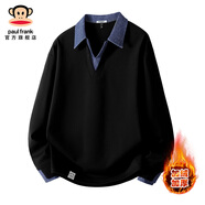 大嘴猴（paul frank）美式翻領(lǐng)衛衣男秋冬季新款潮牌男士保暖加絨加厚拼接寬松休閑上衣 黑色加絨 【防寒保暖】 3XL 【建議155-170斤】