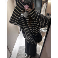 中蕾設(shè)計(jì)感日系撞色條紋T恤針織衫女冬寬松顯瘦毛呢長袖內(nèi)搭衣上 條紋上衣 S