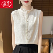 浪莎（LangSha）輕奢感襯衫女半開(kāi)領(lǐng)無(wú)袖針織內(nèi)搭打底衫西裝精仿羊毛背心上衣花邊 【暖云白】RW-K51木耳邊四葉草 XL 【115-130斤】