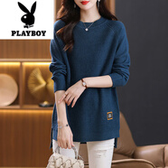 花花公子（PLAYBOY）2025年毛線(xiàn)衫毛衣女中長(cháng)款寬松顯瘦針織衫秋冬圓領(lǐng)加肥加大打底衫 灰藍色 S 建議90斤以下